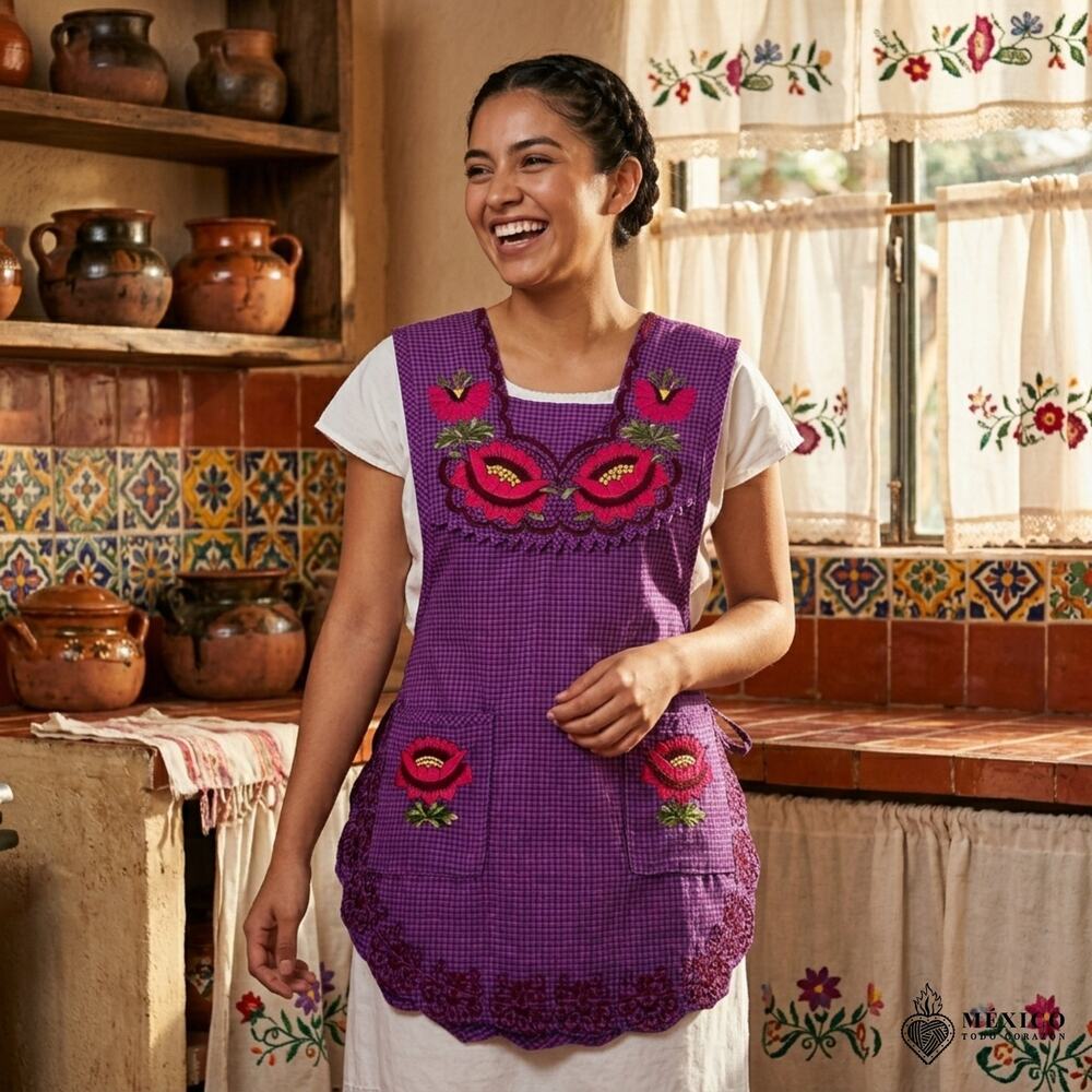 Mexican Embroidered Smock Apron – Floral Traditional Design 31 X 22 IN